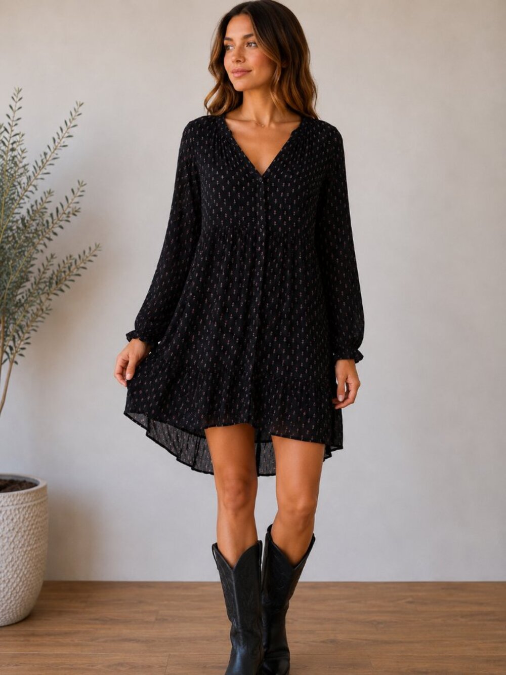 Free People Black Floral Mini Dress Size S Boho Sheer Long Sleeve Flowing Dress